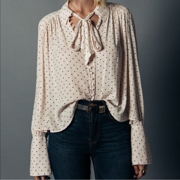 ♥️free people button down long sleeve with bow tie - Picture 1 of 6